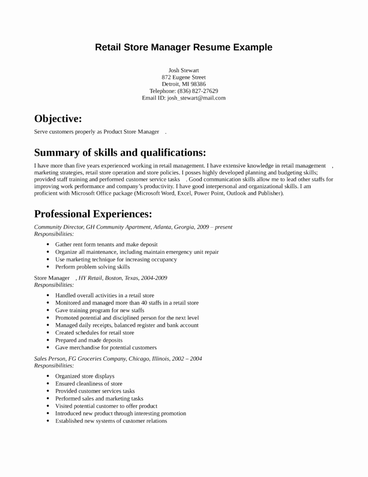 Samples Of A Basic Resume Elegant Resume Retail Manager Retail Store Manager