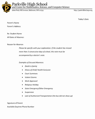 School Absence Excuse Letter Template Elegant attendance and Absent Note Policy Parkville High
