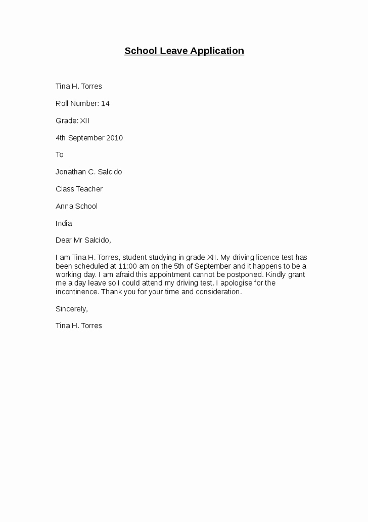 School Leave Of Absence Letter Awesome School Leave Application format India