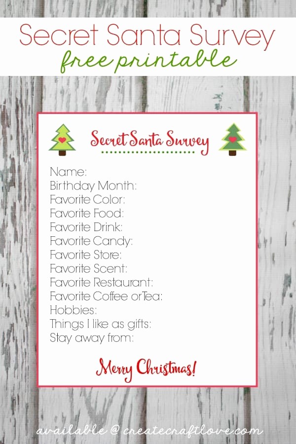Secret Santa List for Work Unique Secret Santa Survey Printable