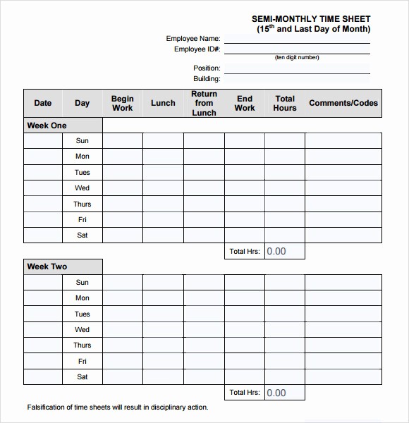 Semi Monthly Timesheet Template Excel Best Of Monthly Timesheet Template 9 Free Download for Pdf
