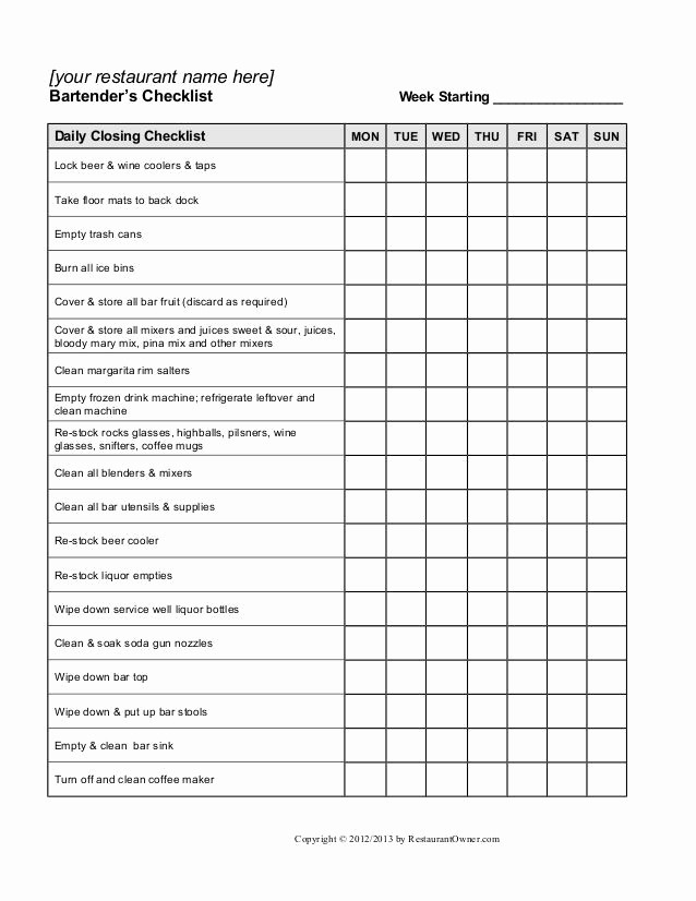 Setting Up An Office Checklist Lovely Restaurant Manager Opening and Closing Checklist