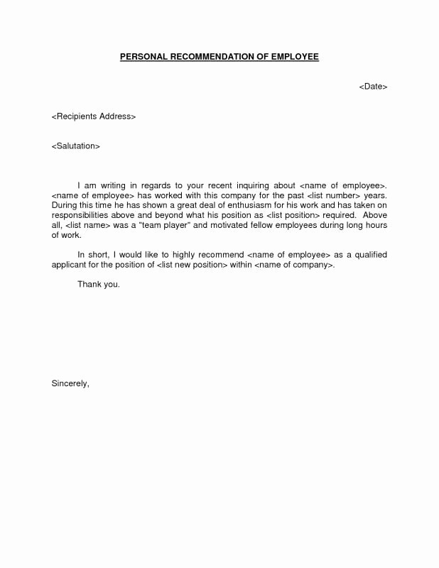 Short Recommendation Letter for Employee Awesome Personal Letter Of Re Mendation