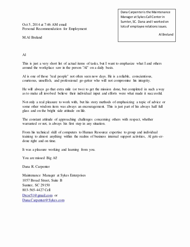 Short Recommendation Letter for Employee Elegant Dana Carpenter Letter Of Re Mendation