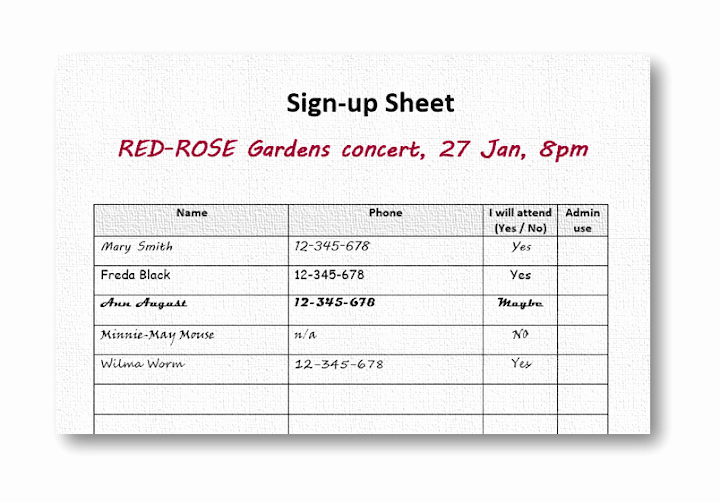 Sign Up Sheets for events Beautiful Rustling Resources for Singing to Her Choir event