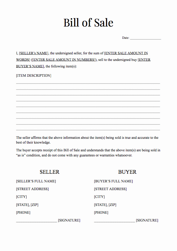 Simple Bill Of Sale forms Lovely Free Bill Of Sale form