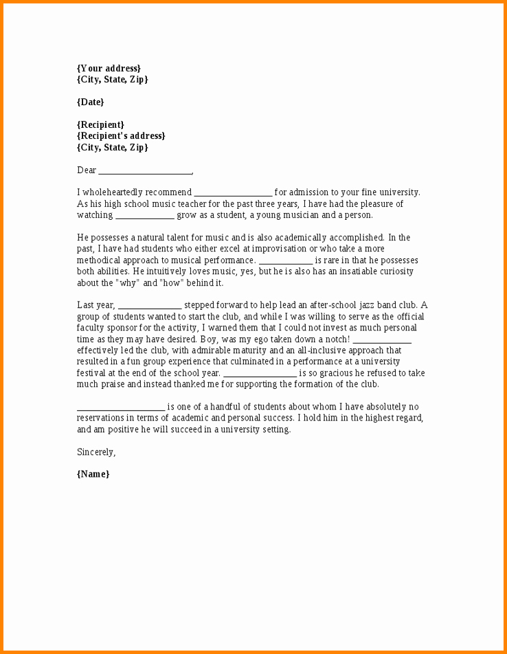 Simple Recommendation Letter for Student Beautiful Sample Music Student Reference Letter