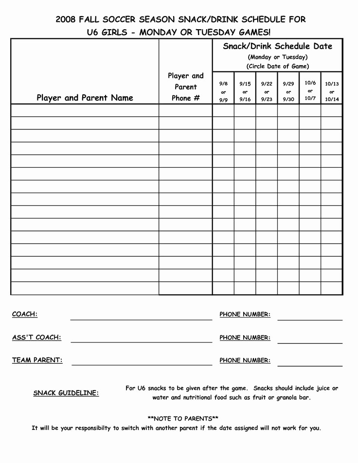 Snack Schedule Template for Baseball Awesome Snack Schedule Template