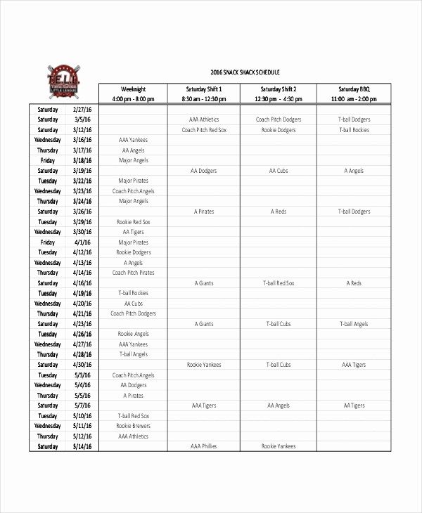 Snack Schedule Template for Baseball Best Of Snack Schedule Template 7 Free Word Excel Pdf