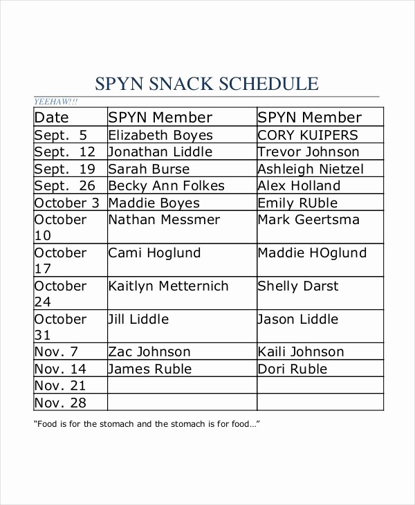 Snack Schedule Template for Baseball Lovely Snack Schedule Template 7 Free Word Excel Pdf