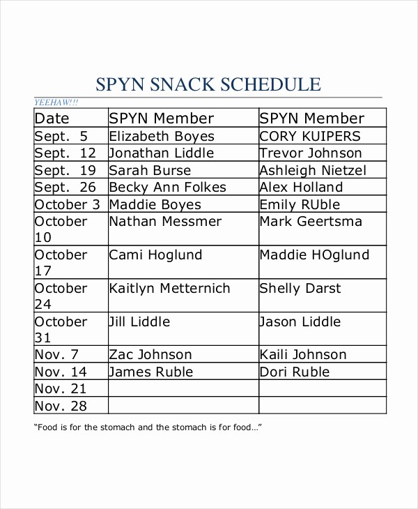 Snack Schedule Template for soccer Awesome Baseball Pitching Stats Template Templates Resume