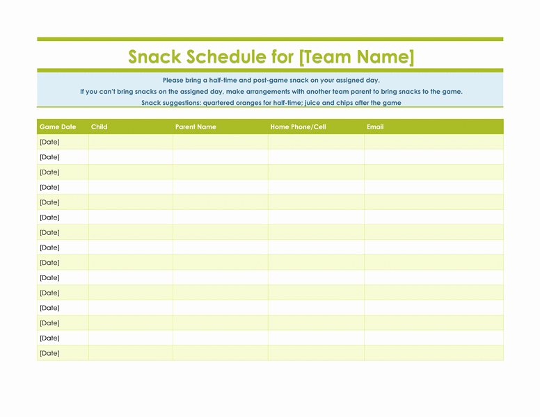 Snack Schedule Template for soccer Awesome Snack Sign Up Sheet for Sports Team