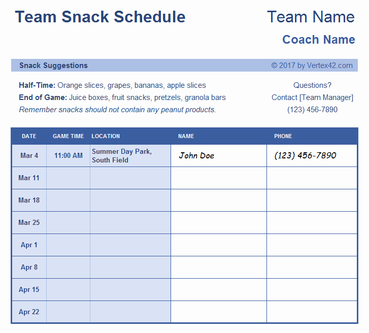 Snack Schedule Template for soccer Unique Sign Up Sheets Potluck Sign Up Sheet