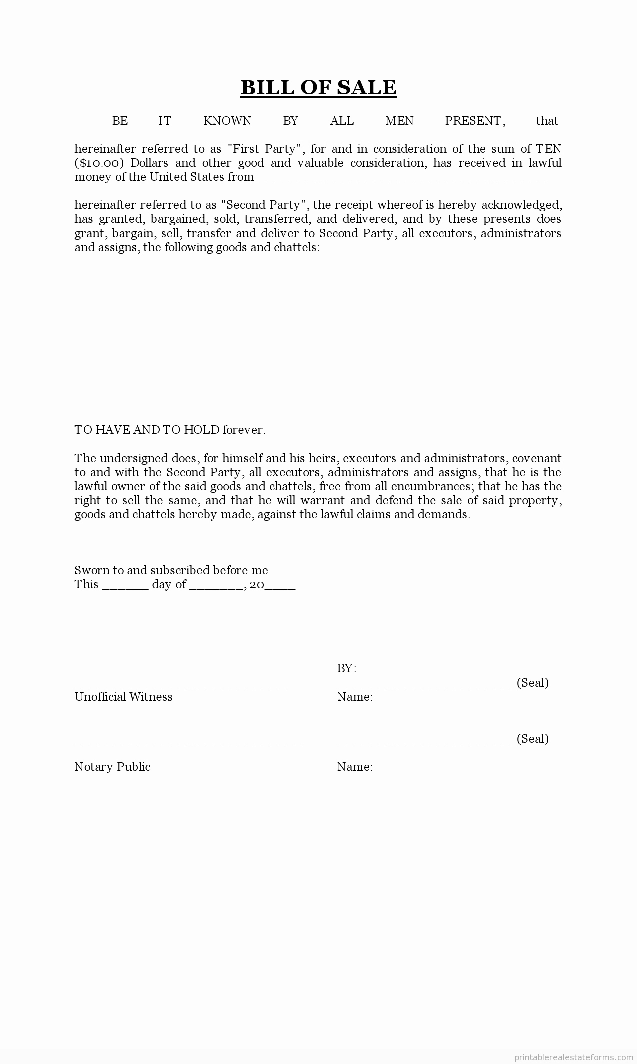 Standard Bill Of Sale form Awesome Sample Printable Bill Of Sale form