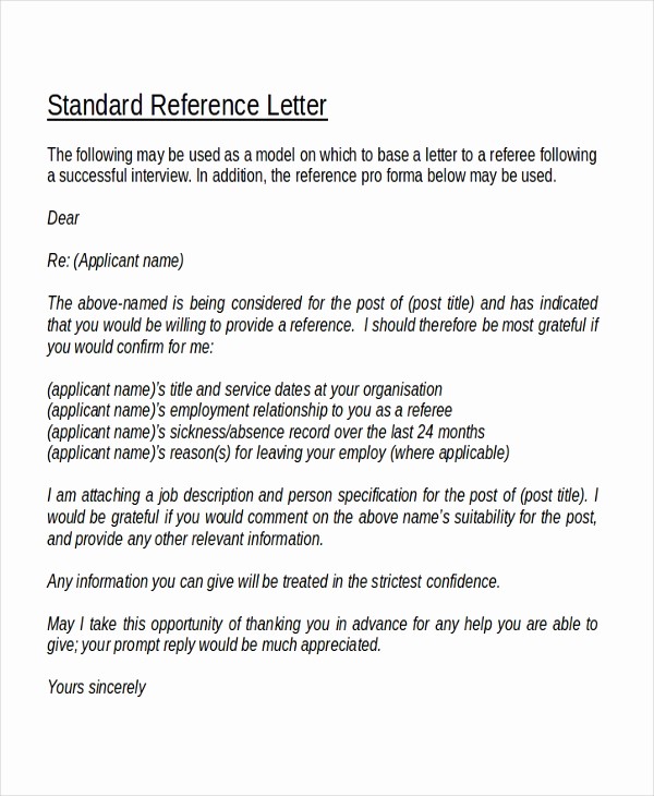 Standard Letter Of Recommendation format Awesome 18 Reference Letter Template Free Sample Example