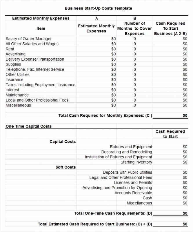 Startup Expenses and Capitalization Spreadsheet New Start Up Business Bud Template