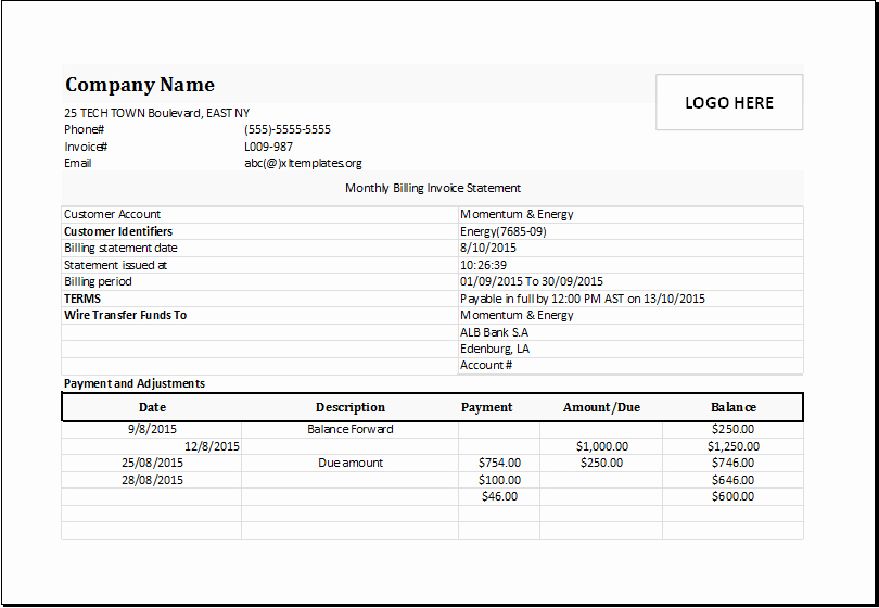 Statement Of Invoices Template Free New Monthly Billing Invoice Statement for Excel