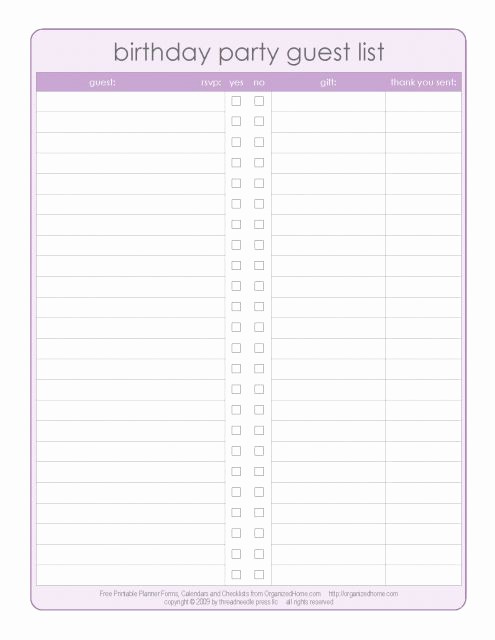Sweet 16 Guest List Template Best Of Party Guest List Thank You Note Checklist Free Printable