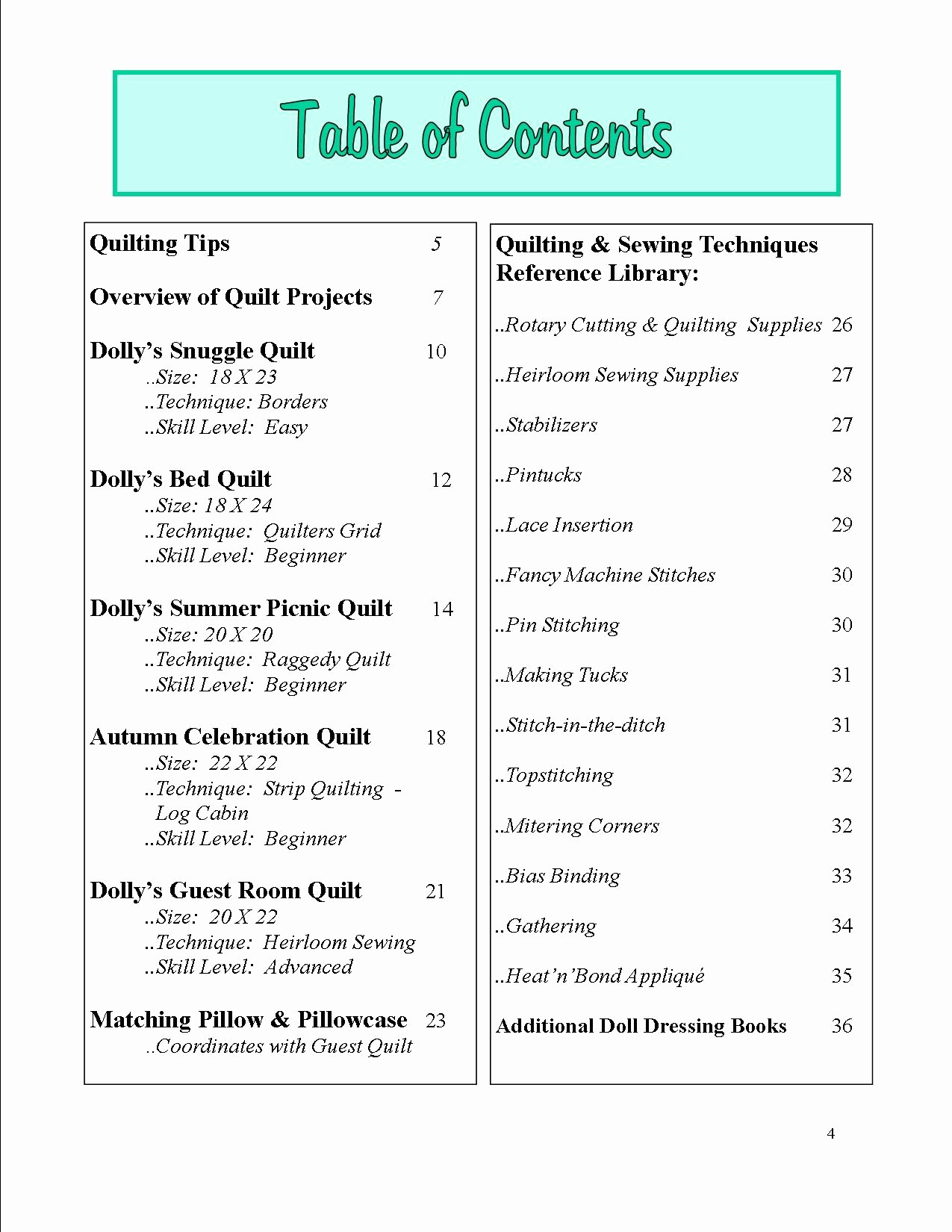 Table Of Contents Sample Page Lovely Dolly’s Favorite Quilts – Sample Pages Doll Clothing Patterns