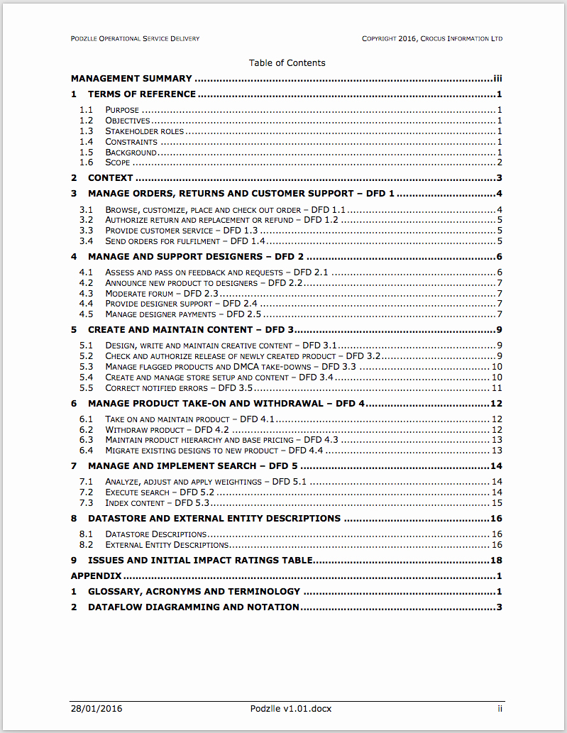 Table Of Contents Sample Page New Business Analysis Study Example Documents Taken From