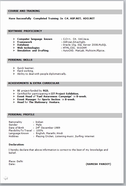Teacher Resume format In Word Unique Resume format for Freshers