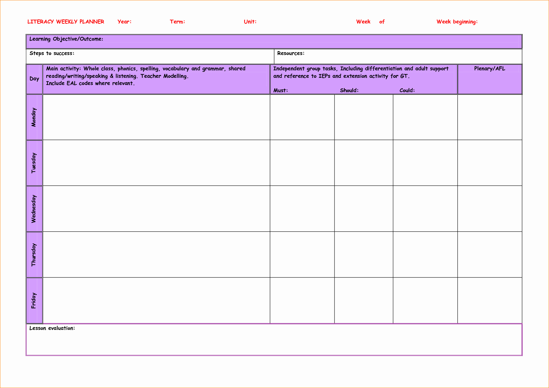 Teacher Weekly Lesson Plan Template Awesome Weekly Planner Template for Teachers