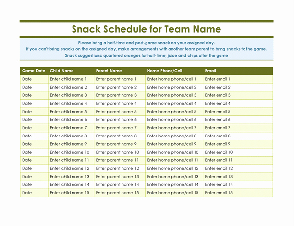 Team Snack Sign Up Sheet Lovely Youth Sports Snack Sign Up Sheet