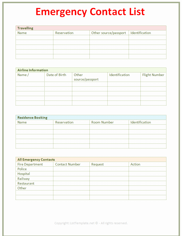 Template for Emergency Contact Information Inspirational Employee Emergency Contact Printable form to Pin