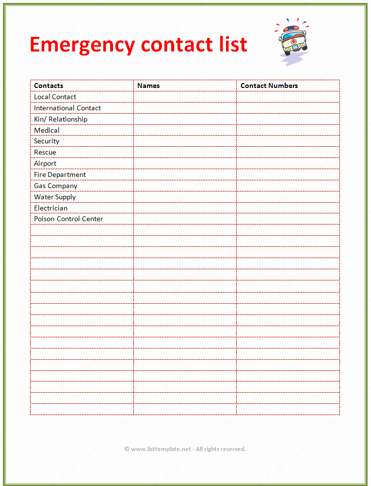Template for Emergency Contact Information Lovely 7 Best Of Printable Emergency Contact List