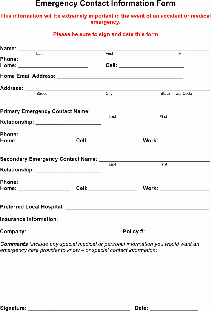 Template for Emergency Contact Information Luxury Free Emergency Contact form Pdf 18kb