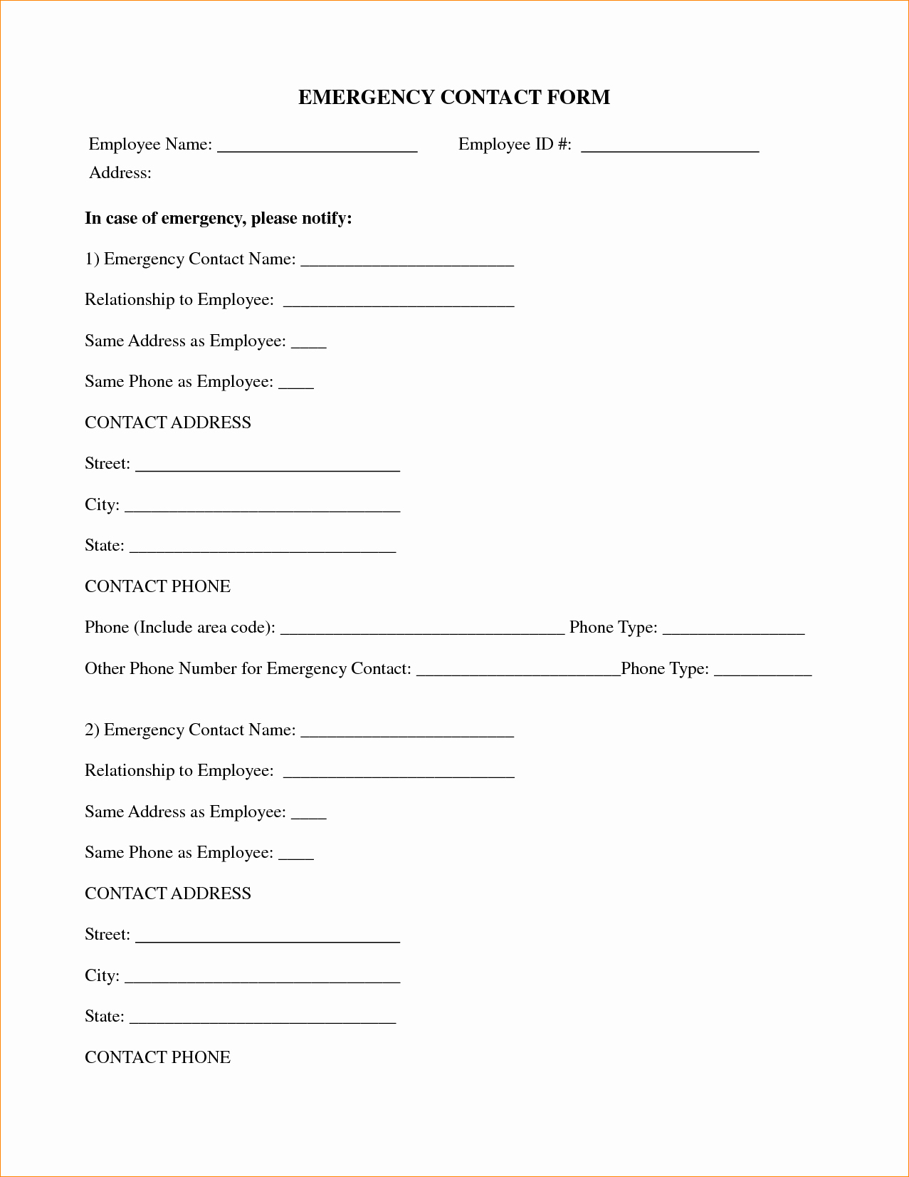 Template for Emergency Contact Information Unique Employee Emergency Contact Printable form to Pin