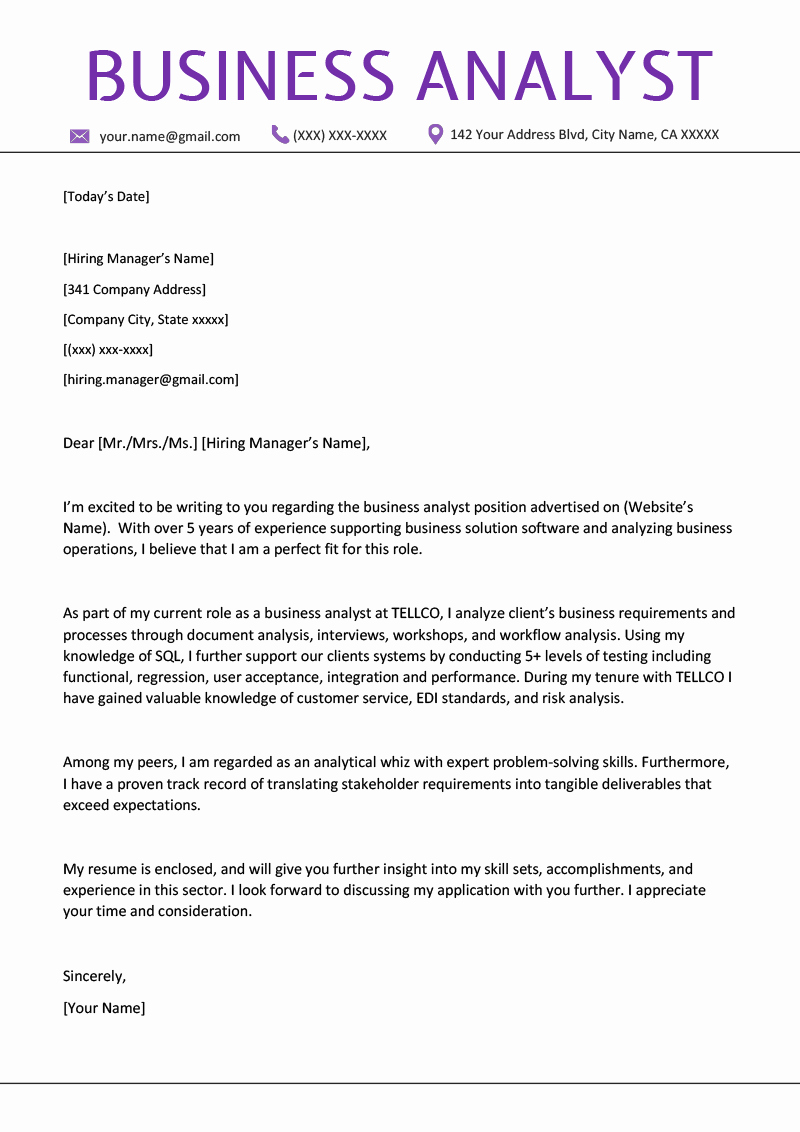Template Of A Business Letter Best Of Business Analyst Cover Letter Example & Writing Tips