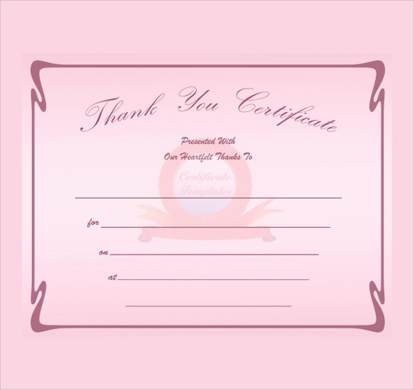 Thank You Certificate Word Template Beautiful Sample Thank You Certificate Template 10 Documents