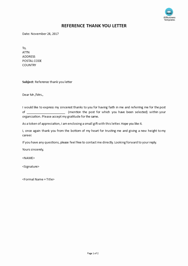 Thank You Letter for Reference Inspirational Free Reference Thank You Letter
