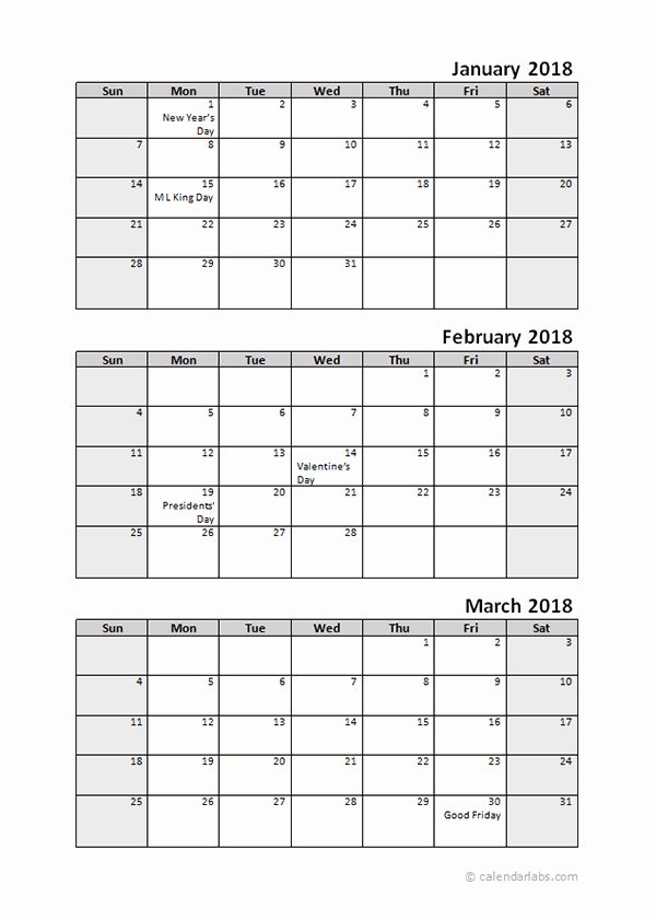Three Month Calendar Template Excel Inspirational Printable 2018 Quarterly Calendar 3 Months Templates