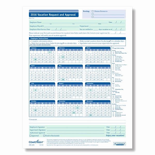 Time Off Calendar Template 2016 New Search Results for “printable Employee Vacation form