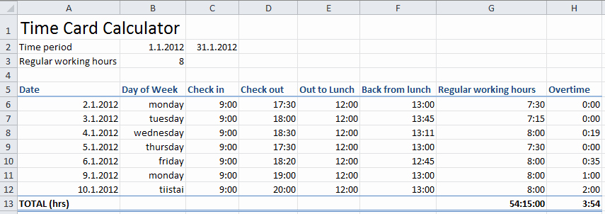 Timecard In Excel with formulas Fresh Time Card Excel Template Free Templates Free and themes