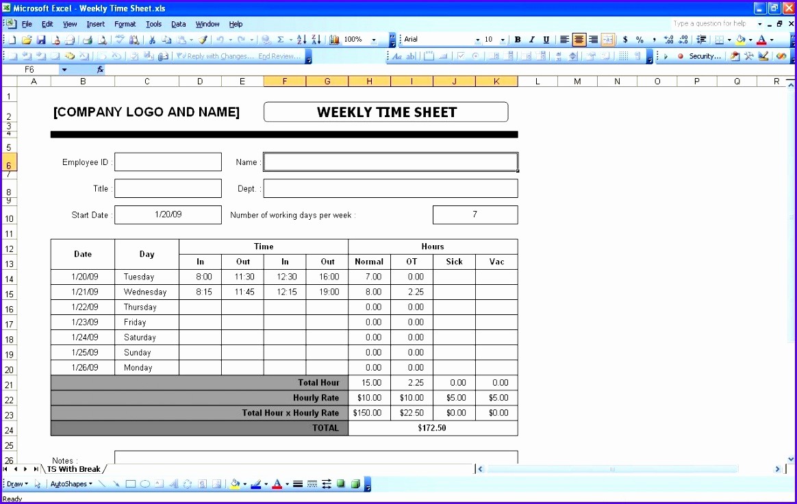 Timecard In Excel with formulas Inspirational 10 Timesheet Excel Template Exceltemplates Exceltemplates