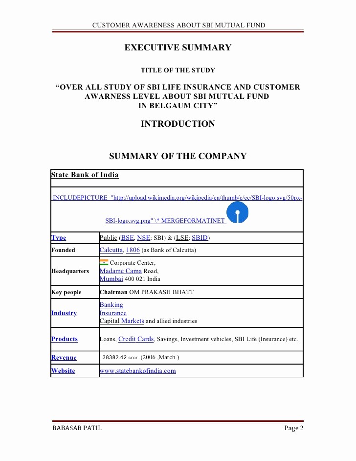 Title Page with Executive Summary Best Of Customer Awareness Sbi Mutual Fund Project Report Mba