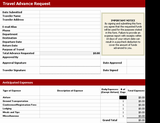 Travel Advance Request form Template Luxury Planners and Trackers Fice
