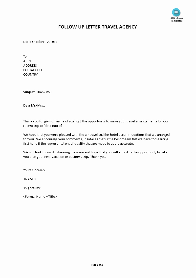 Travel Agent Letter to Client Inspirational Follow Up Letter Travel Agency