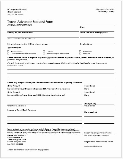 Travel Request form Template Excel Unique Travel Advance Request form for Ms Word