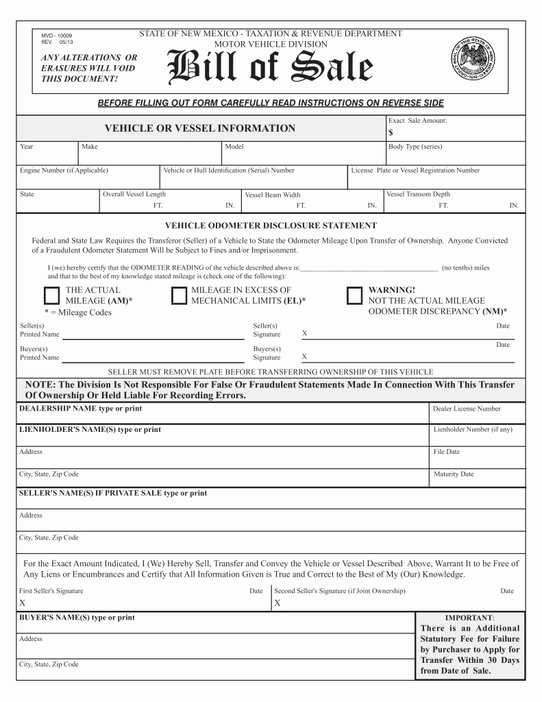 Truck Bill Of Sale form Fresh Free New Mexico Vehicle Vessel Bill Of Sale