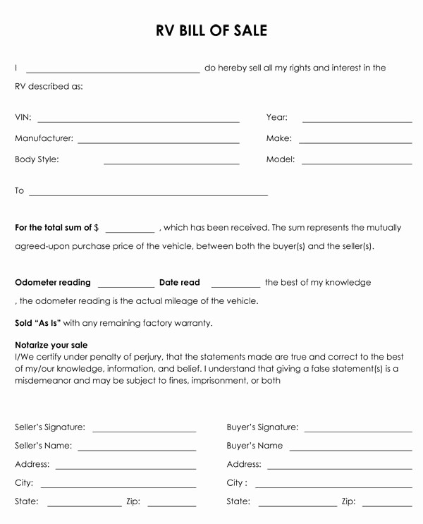 Truck Bill Of Sale Template Awesome Free Printable Rv Bill Of Sale form form Generic
