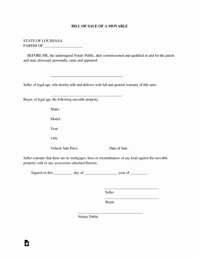 Vehicle Bill Of Sale forms Awesome Free Louisiana Motor Vehicle Bill Of Sale form Pdf