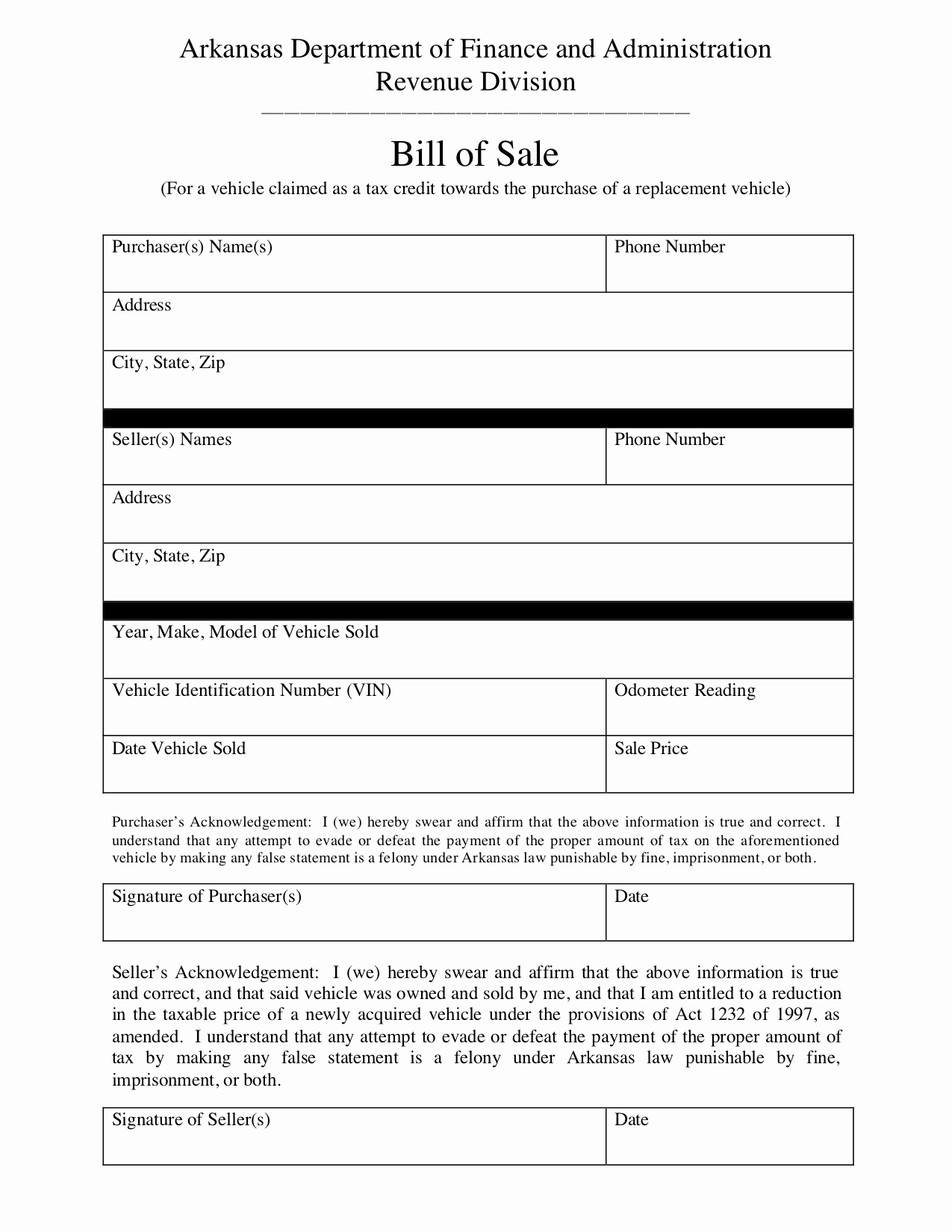 Vehicle Bill Of Sales Template Elegant Free Arkansas Bill Of Sale form Pdf Template