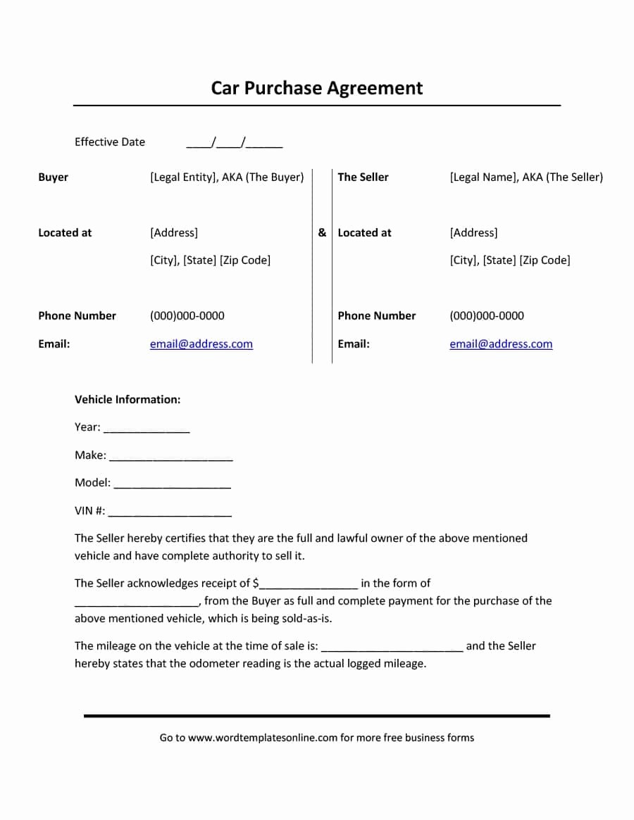 Vehicle Sale Agreement with Payments Beautiful 42 Printable Vehicle Purchase Agreement Templates