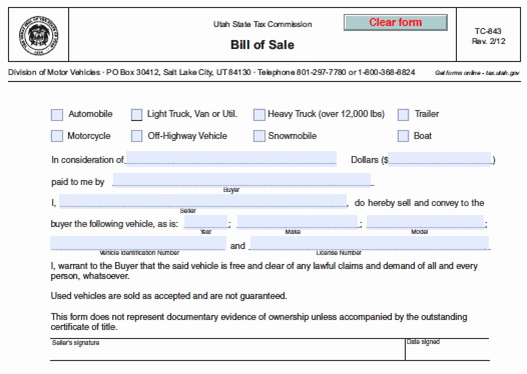 Vehicle Sale as is form Luxury Free Utah Motor Boat Vehicle Bill Of Sale – Tc 843 form