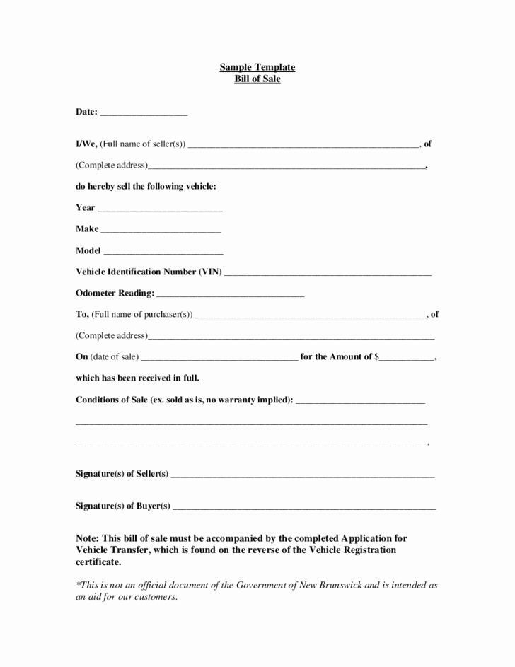 Vehicle sold as is Template Elegant Vehicle Bill Of Sale form New Brunswick Free Download