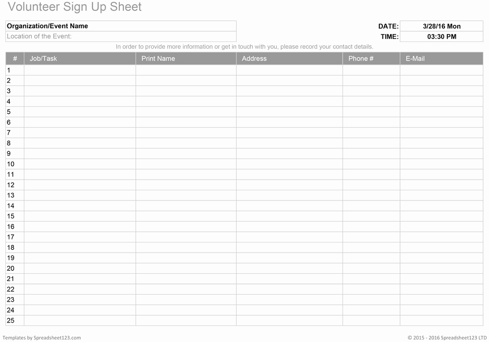 Volunteer Sign Up form Template Lovely Printable Sign Up Worksheets and forms for Excel Word and Pdf